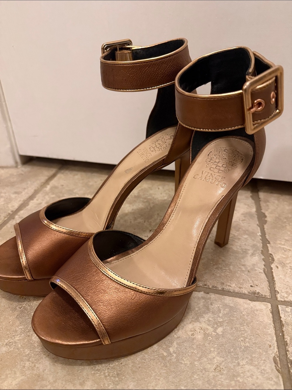 Vince Camuto Bronze Metallic Platform Sandals Ankle Strap Heels